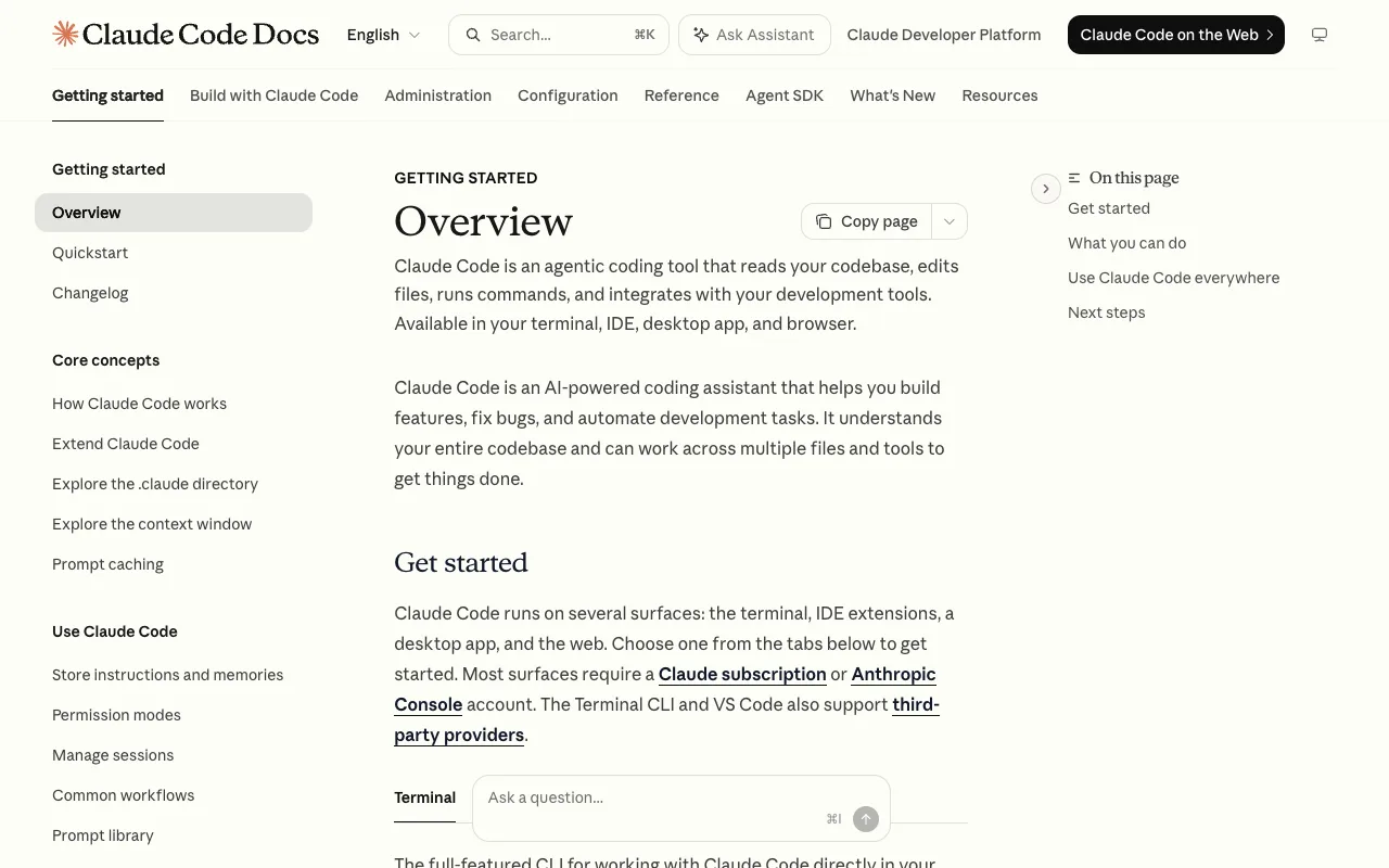 Claude Code's official documentation — a terminal-based agent, editor-agnostic by design