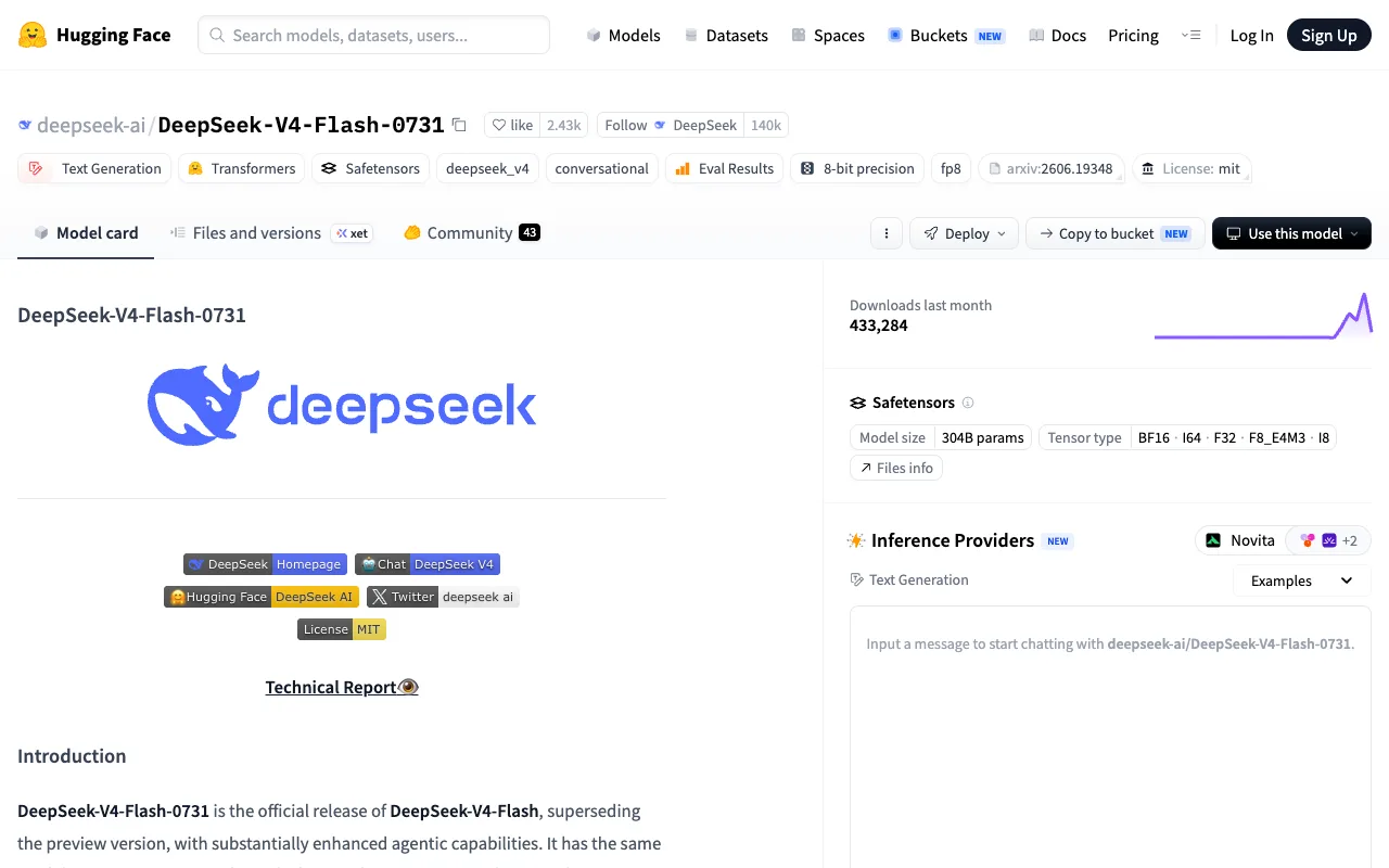 The DeepSeek-V4-Flash-0731 weights on Hugging Face, MIT-licensed