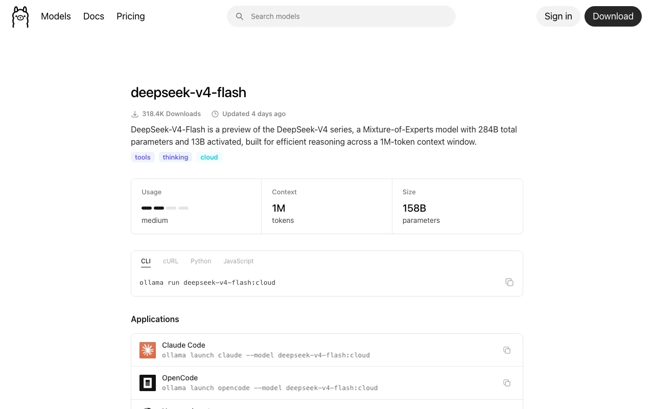 DeepSeek V4 Flash in the Ollama model library