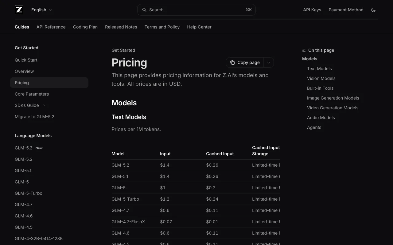 Z.ai's official pricing table — GLM-5.2 at $1.4 input, with no GLM-5.3 row despite it being flagged "New" in the sidebar