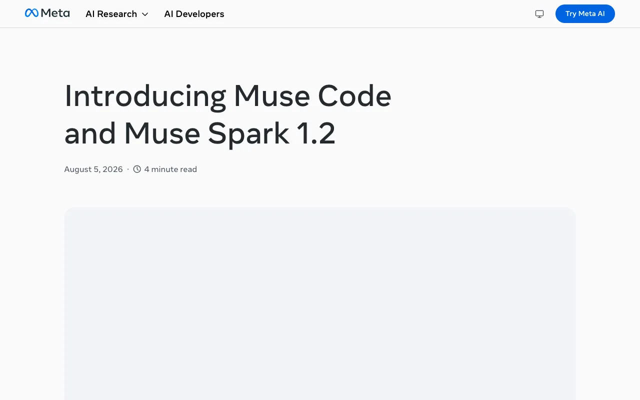Meta AI Research announcing Muse Code and Muse Spark 1.2 on August 5, 2026