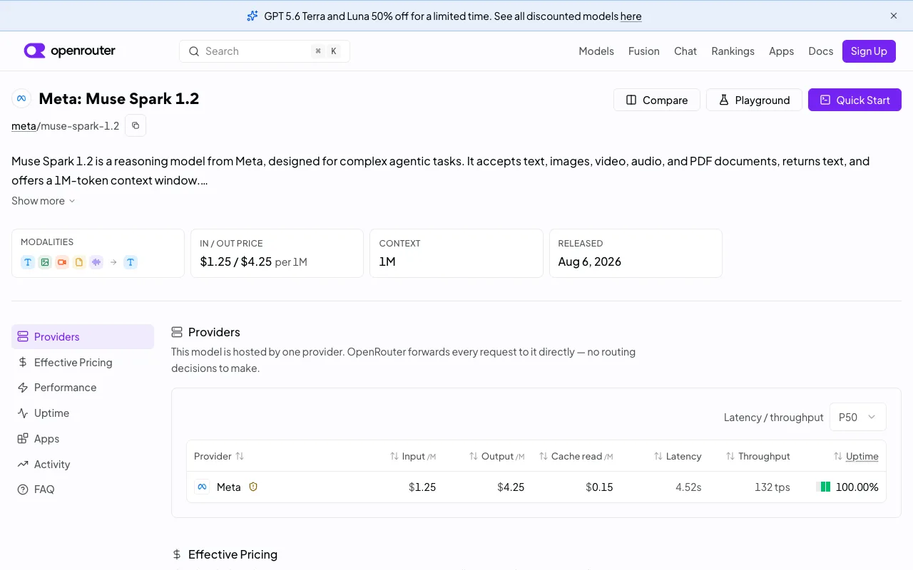 Muse Spark 1.2 on OpenRouter, showing $1.25 / $4.25 pricing, 1M context, and text, image, video, audio and PDF input