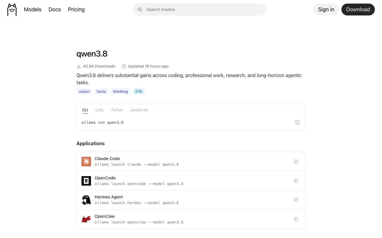 Qwen3.8 in the Ollama model library