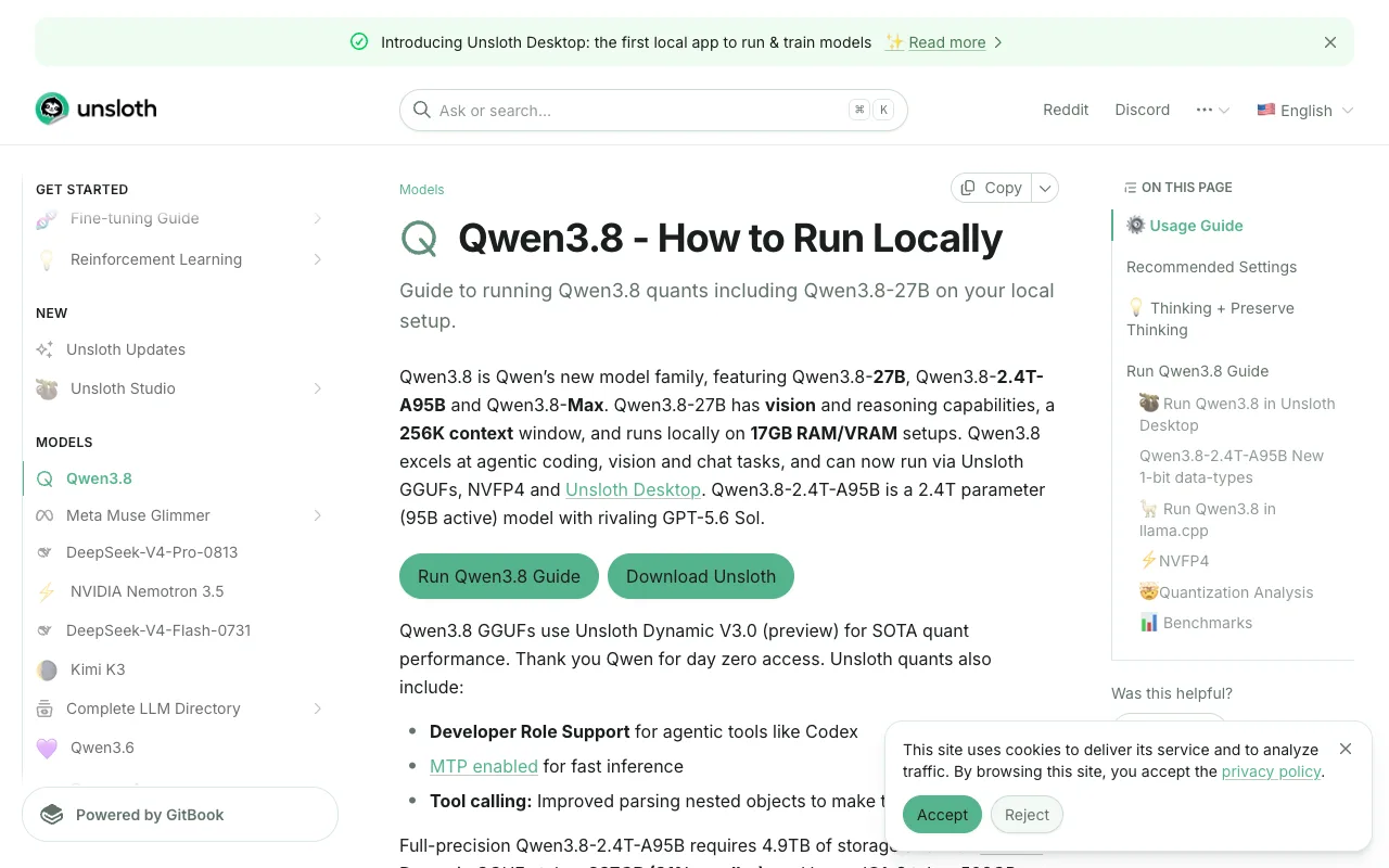 Unsloth's Qwen3.8 guide, confirming the 27B runs locally in 17GB of RAM or VRAM